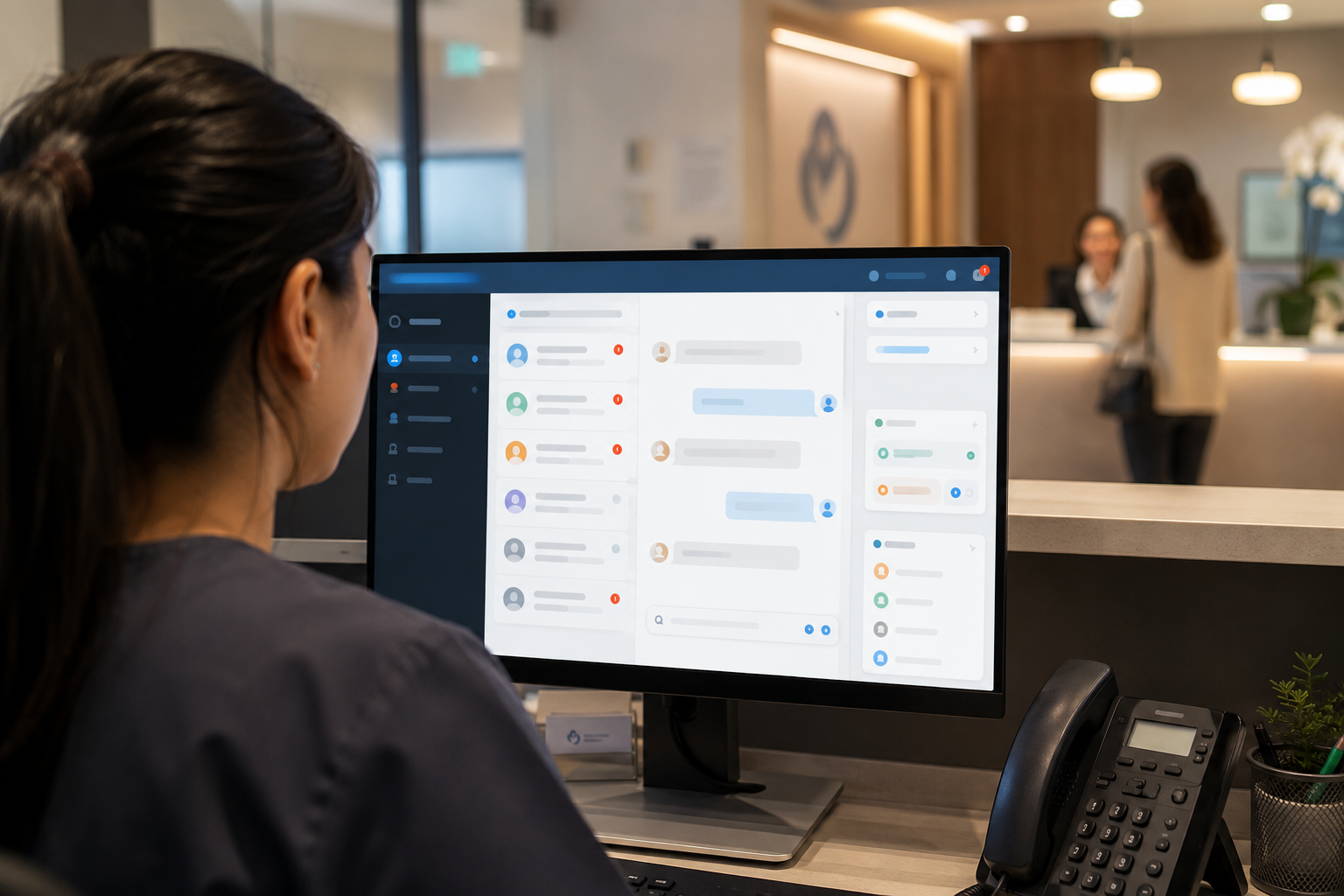 Front desk staff viewing a live chat dashboard at a clinic