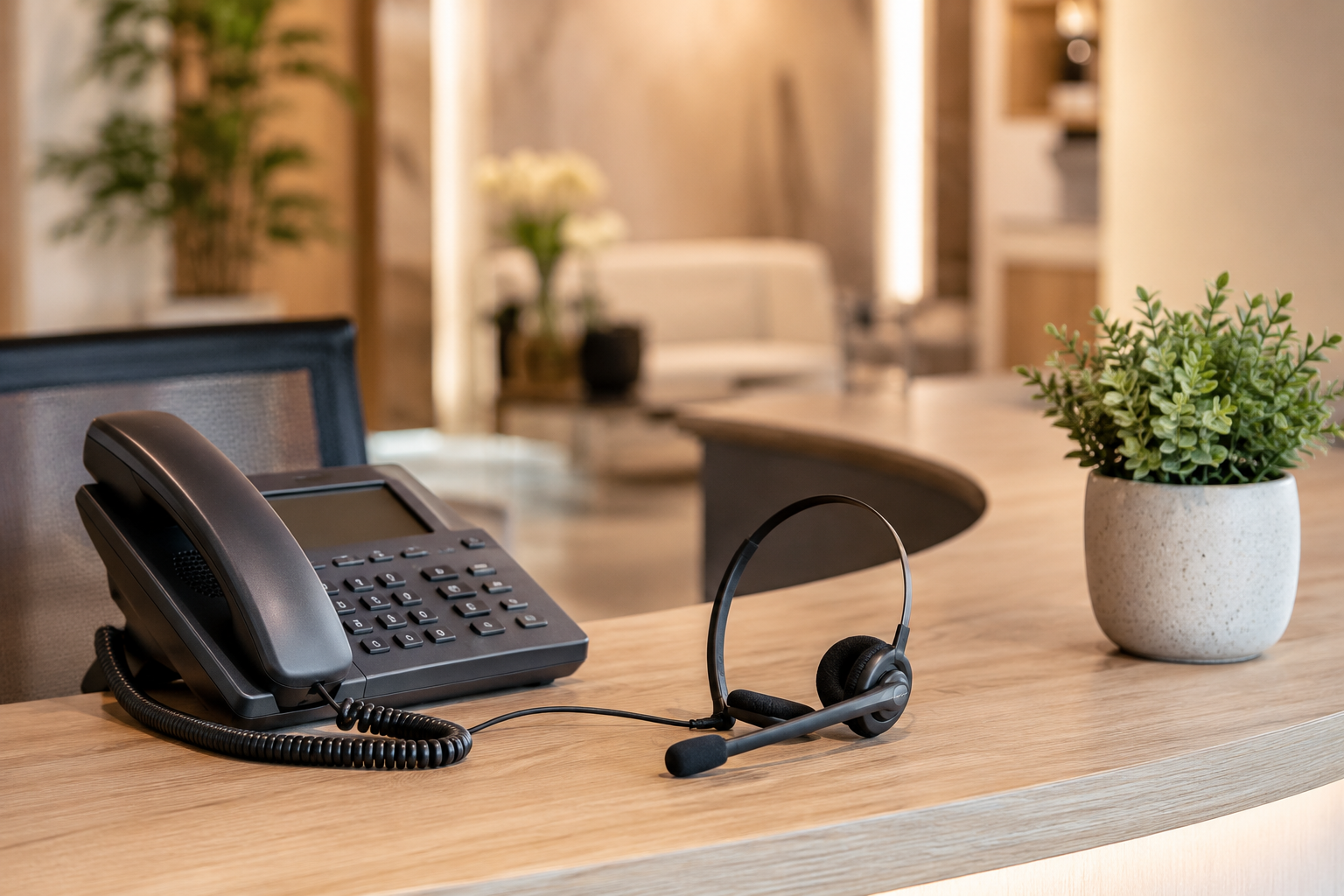 Headset and phone at a clinic reception desk