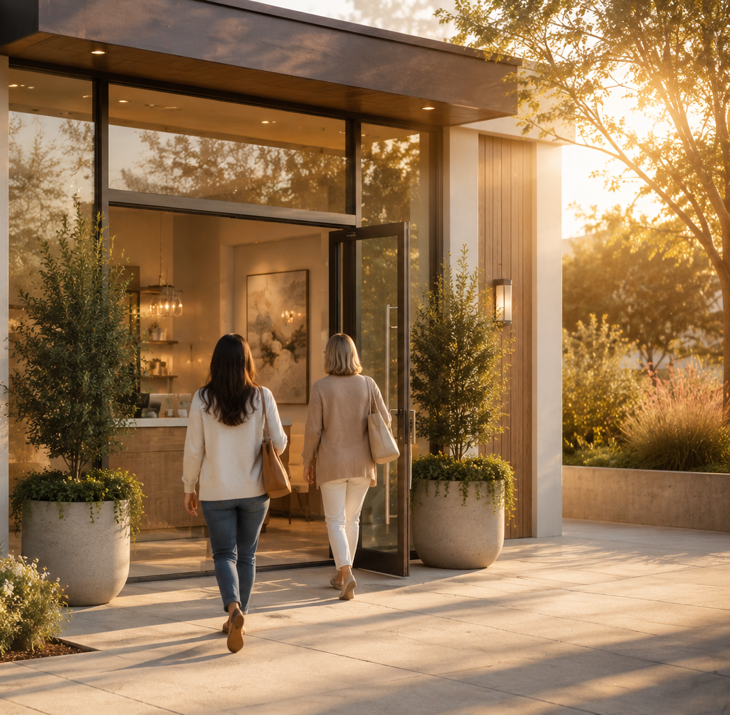 Two patients walking into a modern clinic entrance at sunset