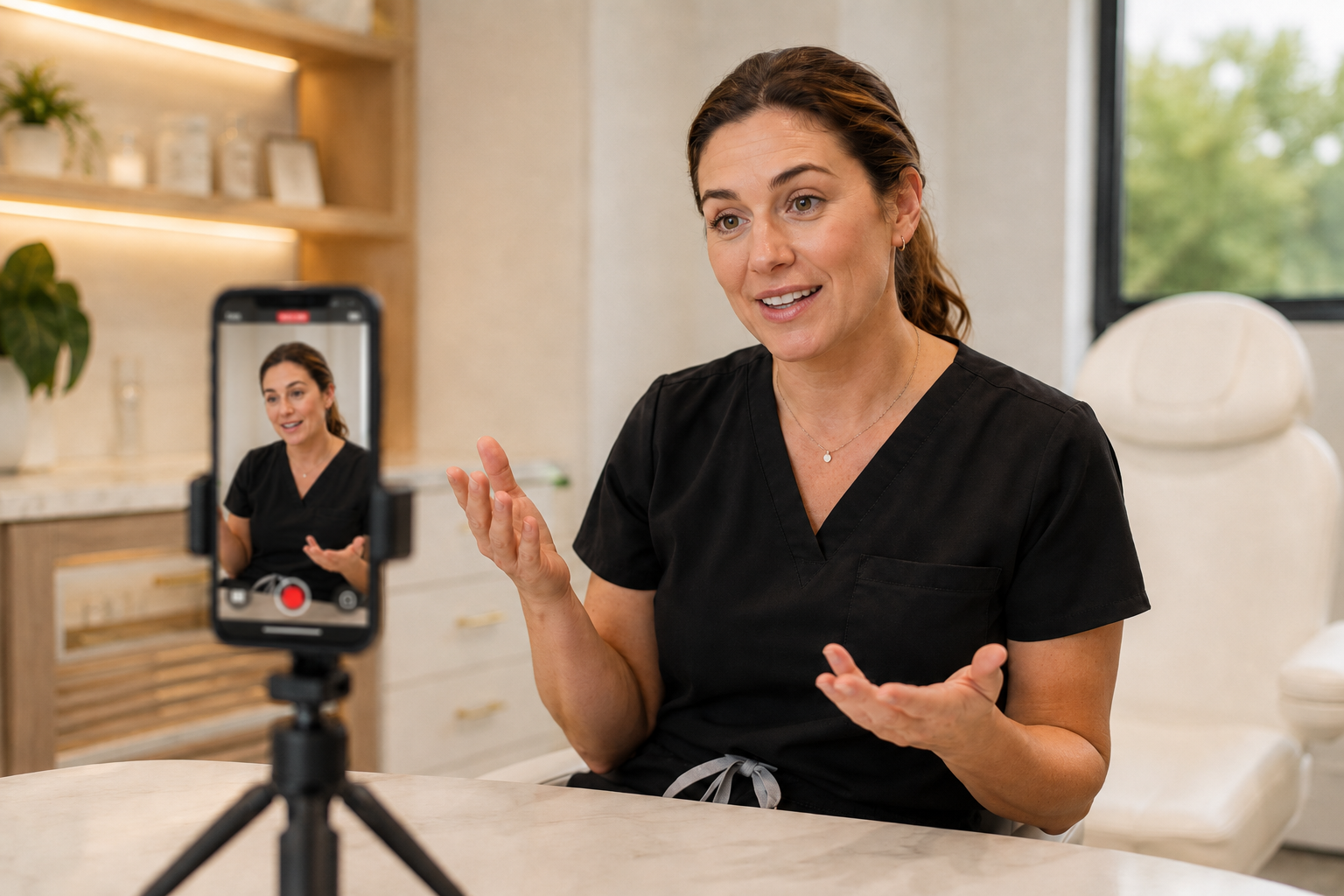 Practitioner filming short-form social content in a spa treatment room
